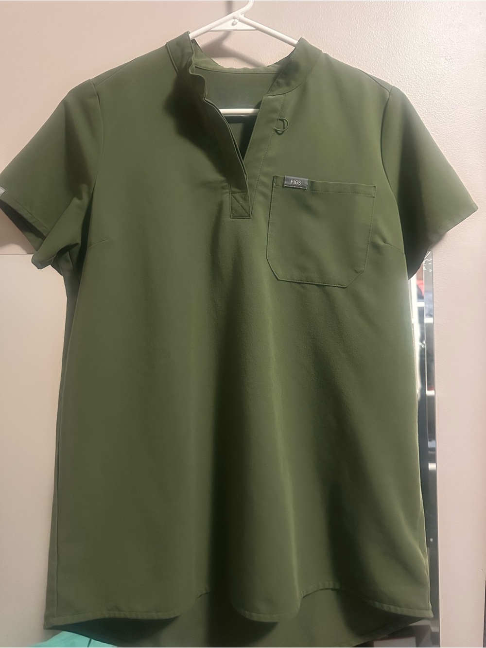 Figs Womens Kitale Moss Green Short-Sleeve Maternity Scrub Top w Mandarin Collar